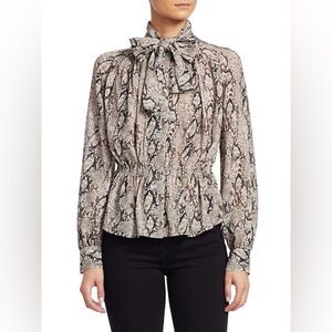 Snakeskin-Print Tie-Neck Peplum Blouse